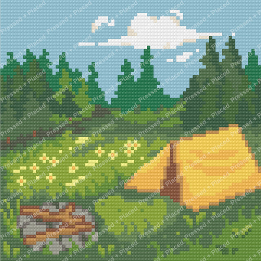 Diamond painting kit of a mountain campsite with tent, pine trees, meadow, and blue sky