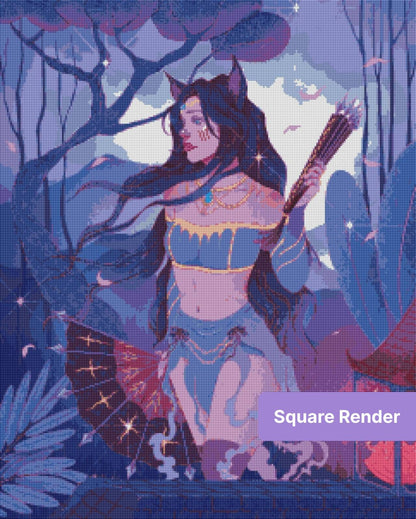 Fantasy cat girl with long flowing hair, moonlit trees, and drifting petals in blue-purple tones