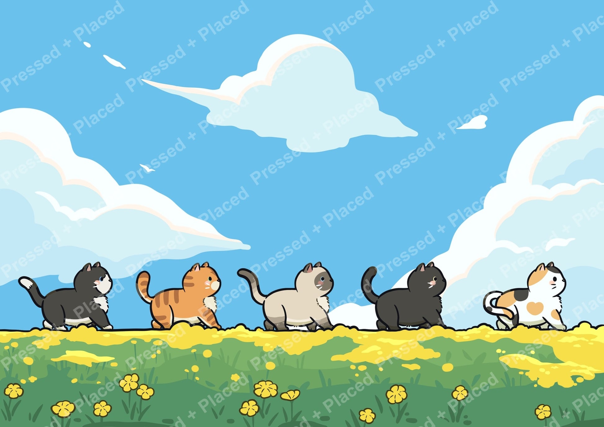 Cartoon cats walking across a sunny meadow with clouds and yellow flowers