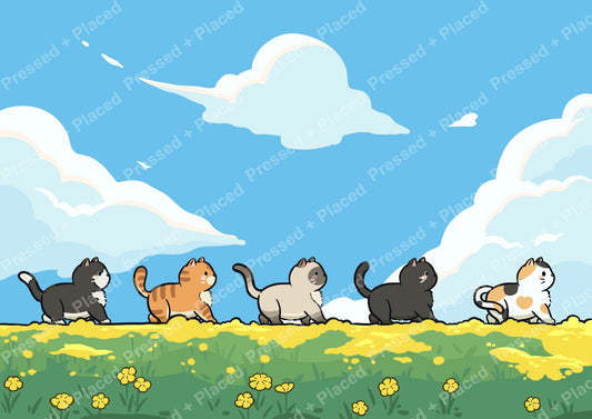 Cartoon cats walking across a sunny meadow with clouds and yellow flowers