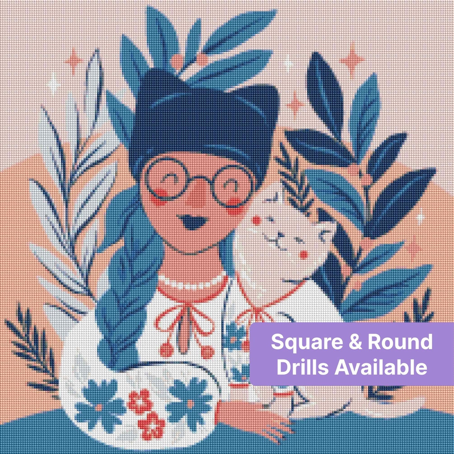 Illustrated girl with cat, blue leaves, and floral accents in a whimsical pastel style