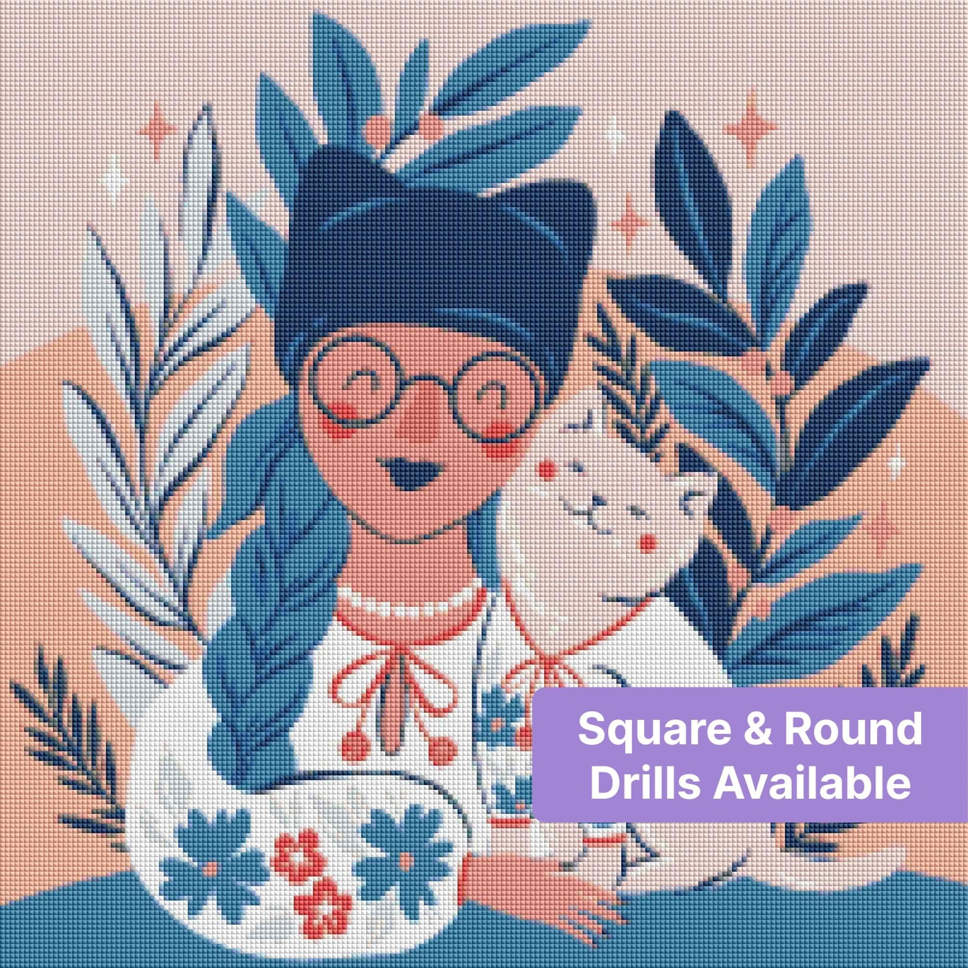 Illustrated girl with cat, blue leaves, and floral accents in a whimsical pastel style