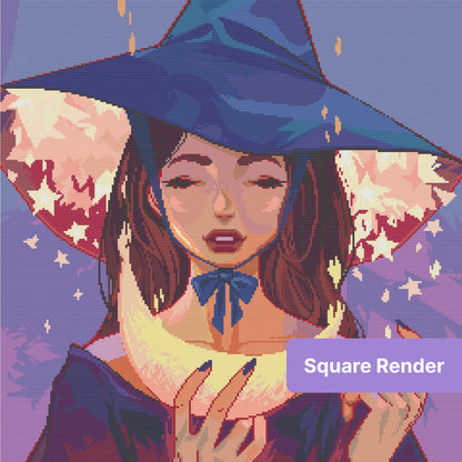 Fantasy woman portrait with starry hat, glowing light, and soft pastel tones