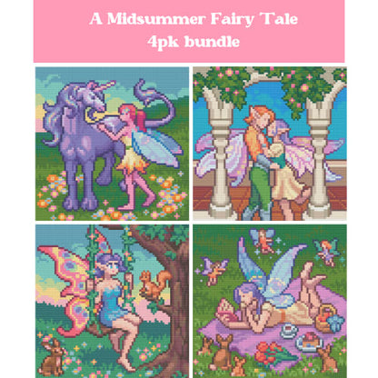 Four fantasy fairy diamond painting designs with pastel colors, unicorns, and magical midsummer scenes