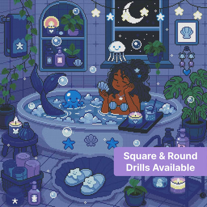 Mermaid bathing in a moonlit fantasy room with shells, stars, candles, and pastel blue tones