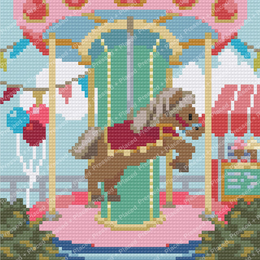 Pastel carousel horse diamond painting with decorative arches and whimsical fairground colors