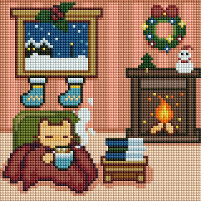 Four festive cat scenes with holiday decor in a cozy diamond art style