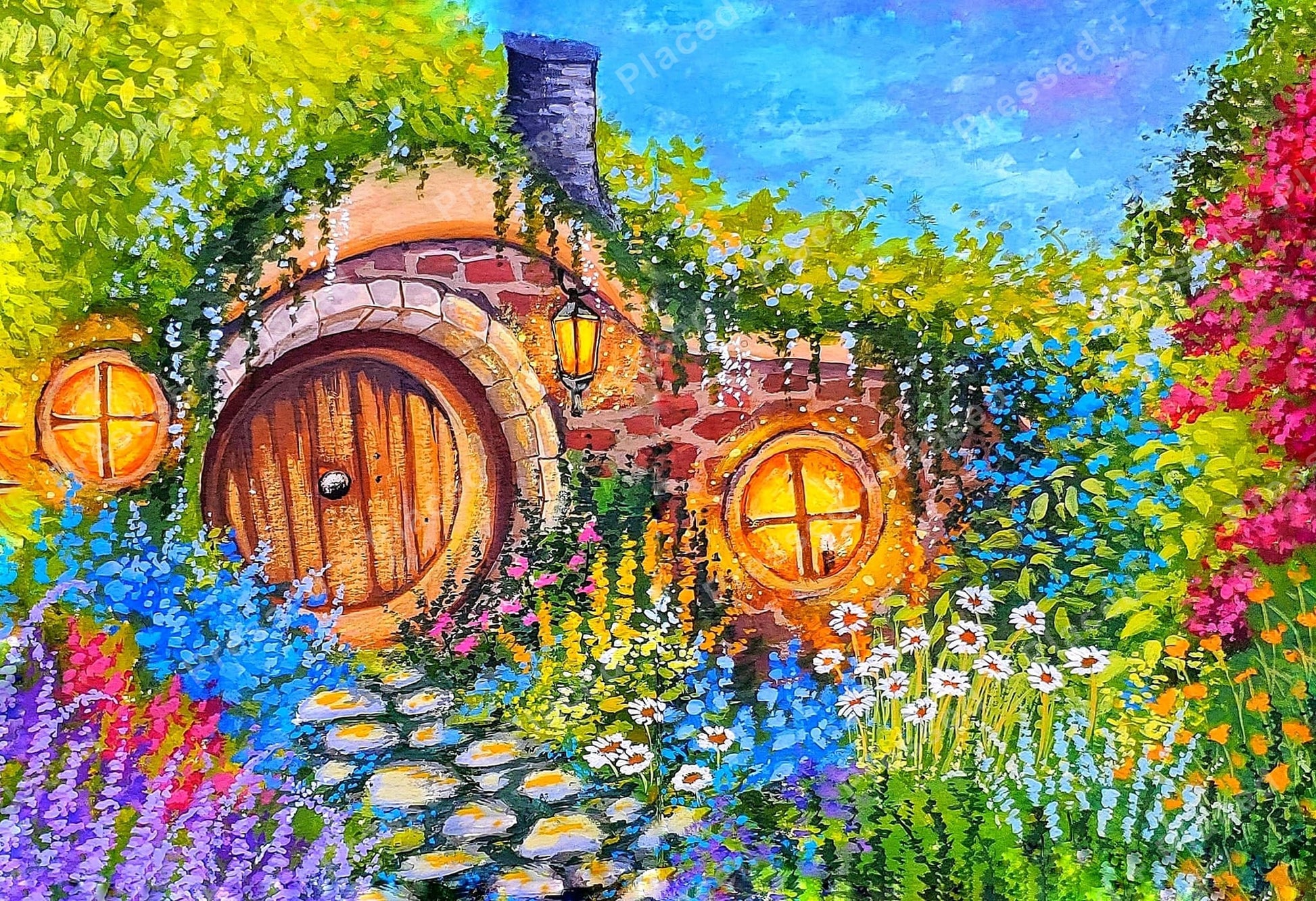 Colorful fantasy cottage surrounded by flowers, glowing windows, and a stone path