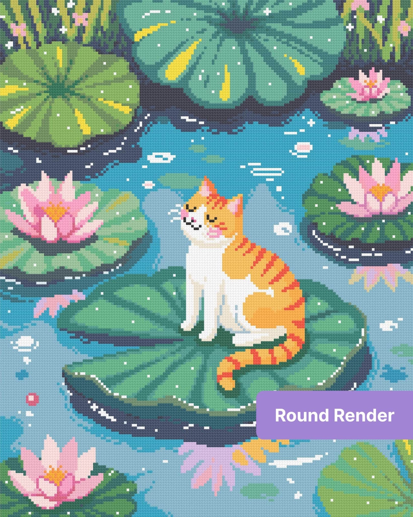 Orange-and-white cat sitting on a lily pad among pink lotus flowers in a whimsical pond scene