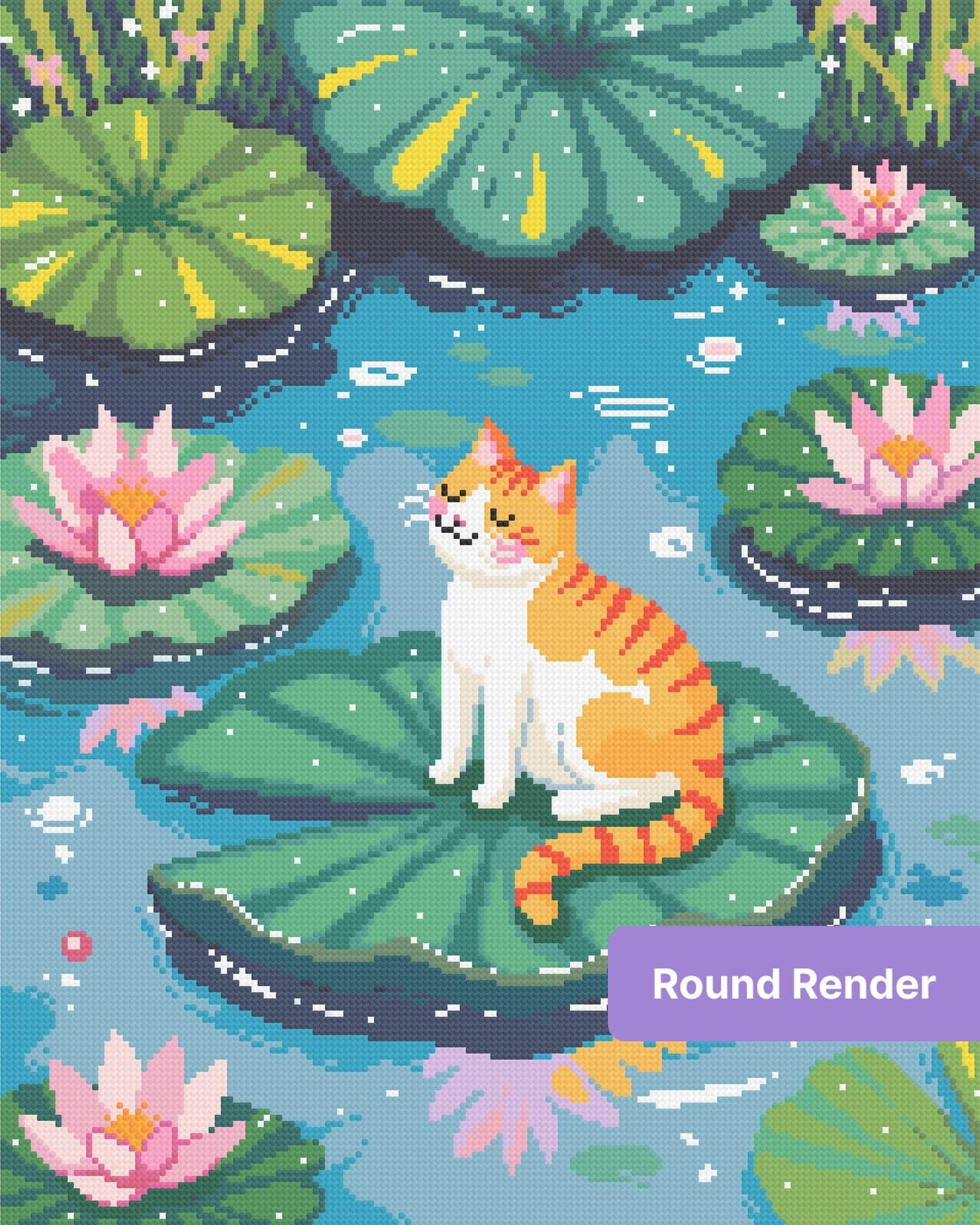 Orange-and-white cat sitting on a lily pad among pink lotus flowers in a whimsical pond scene