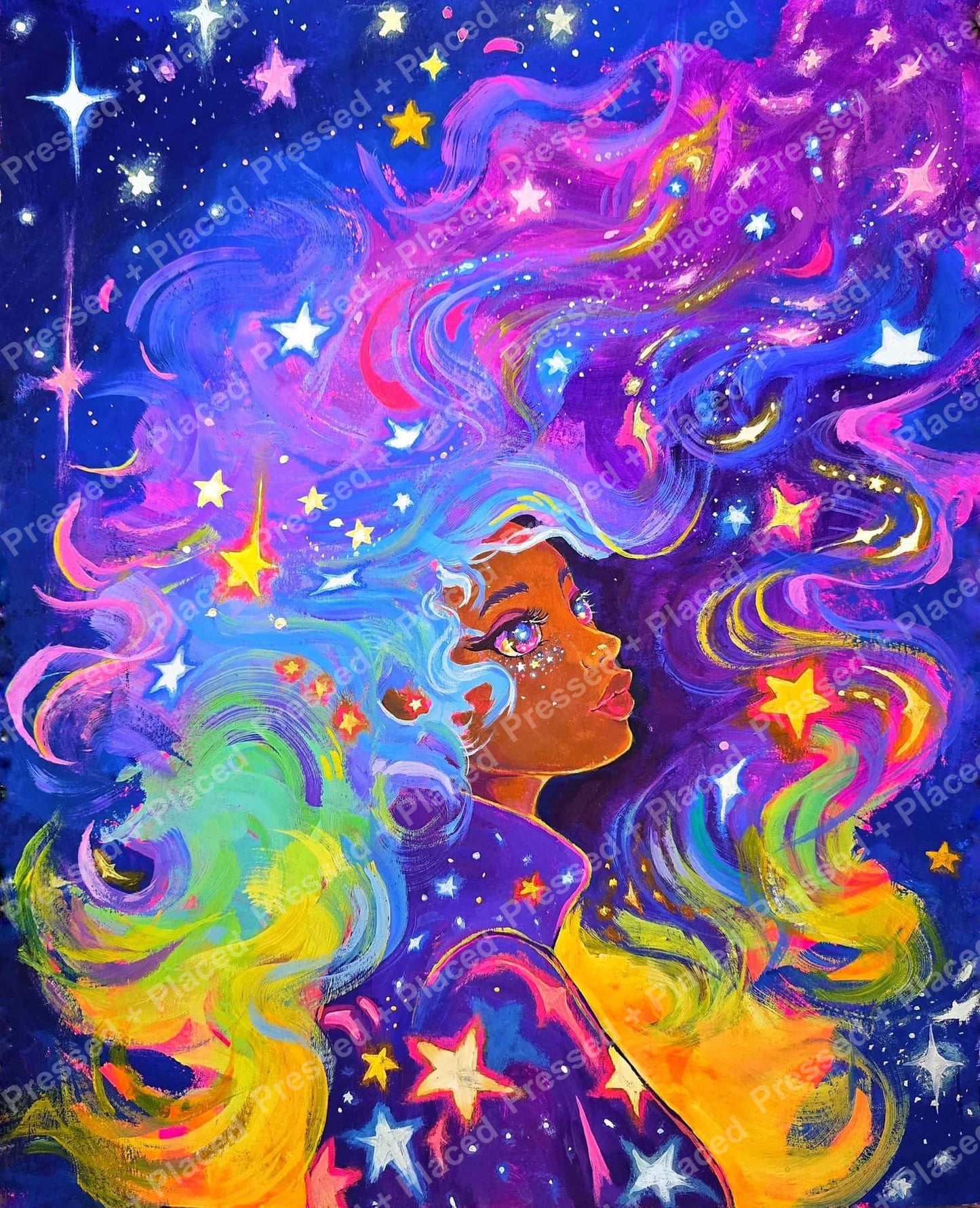 Vibrant cosmic goddess with flowing rainbow hair, stars, and a fantasy celestial background