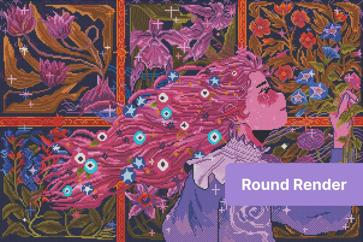 Fantasy girl with flowing pink hair surrounded by vibrant floral panels and ornate purple details