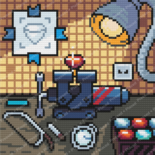 Pixel art gamer room with desk, monitor, headset, and colorful retro gaming details