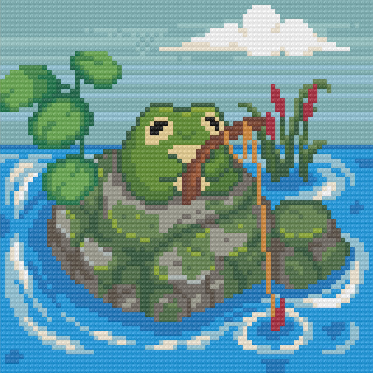 Four cute frog scenes in a whimsical cartoon-style diamond painting bundle