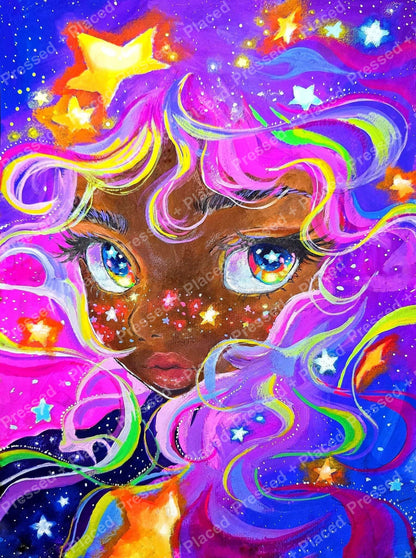 Colorful fantasy girl portrait with rainbow hair, glowing stars, and vivid purple cosmic background