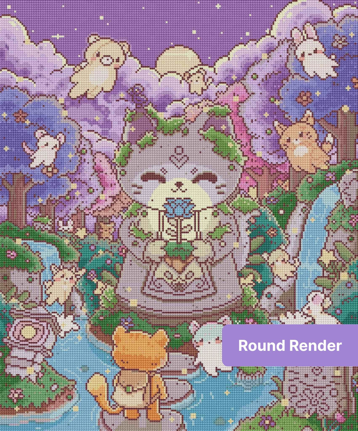 Cute pastel forest animals in a dreamy purple kawaii fantasy scene