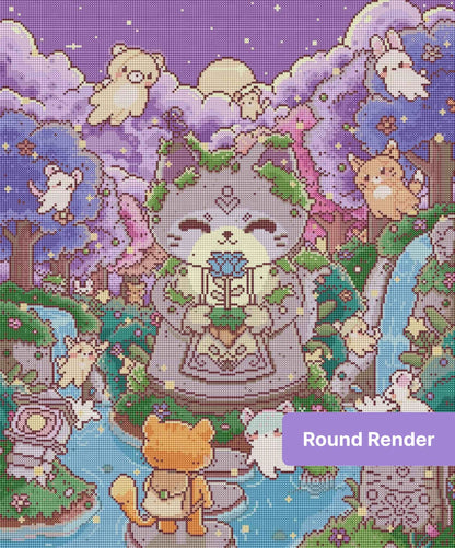 Cute pastel forest animals in a dreamy purple kawaii fantasy scene