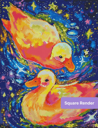 Two colorful ducklings floating through a vivid starry galaxy in watercolor style