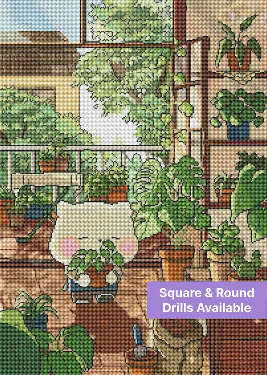 Cozy cartoon-style plant room with potted greenery, sunlight, and a small character holding a plant