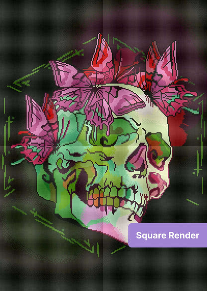 Neon skull with pink flowers in vivid gothic pop art style