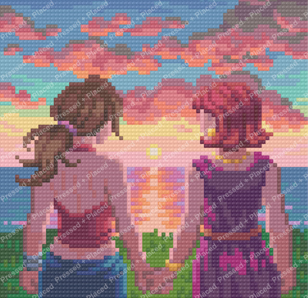 Colorful hot air balloons floating over a pastel sunset landscape in a whimsical diamond art style