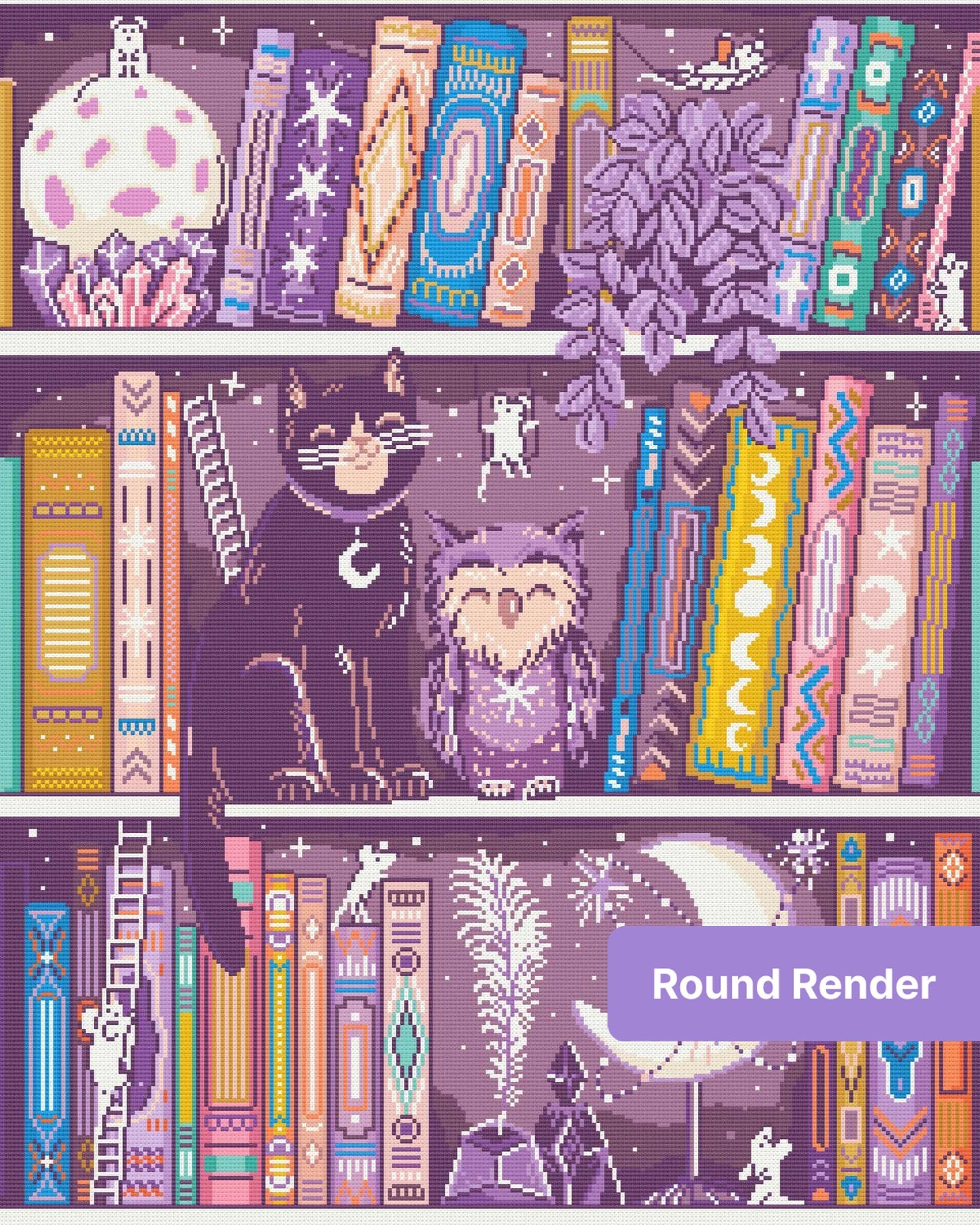 Whimsical cat and owl bookshelf scene with moons, books, crystals, and boho-style details