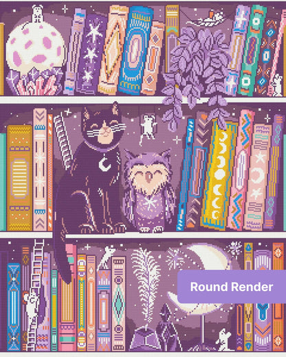 Whimsical cat and owl bookshelf scene with moons, books, crystals, and boho-style details
