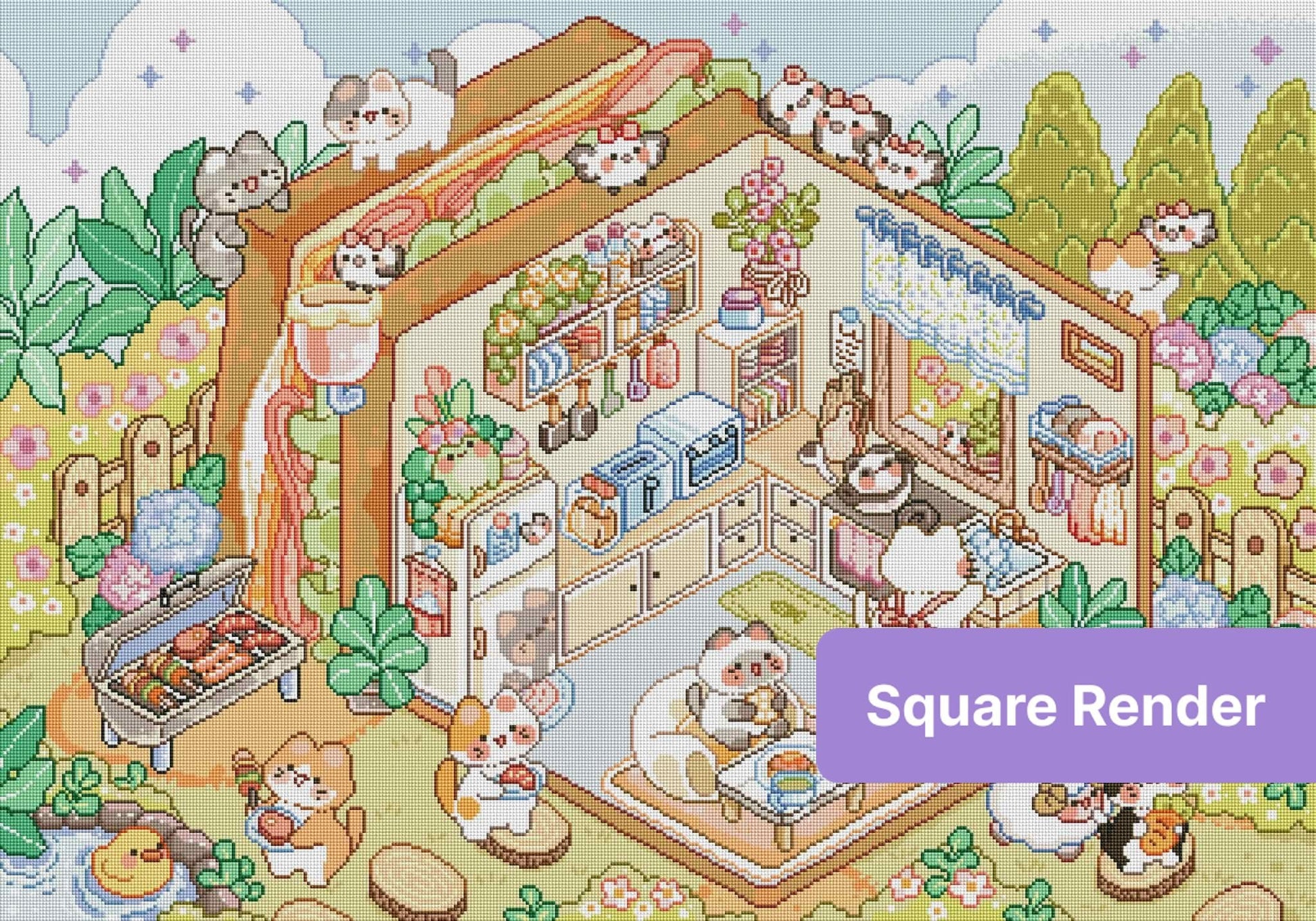 Cute cat cafe cottage with pastel animals, flowers, and a cozy garden kitchen scene