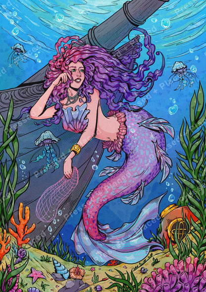 Fantasy mermaid with flowing purple hair swimming underwater among jellyfish and sea plants