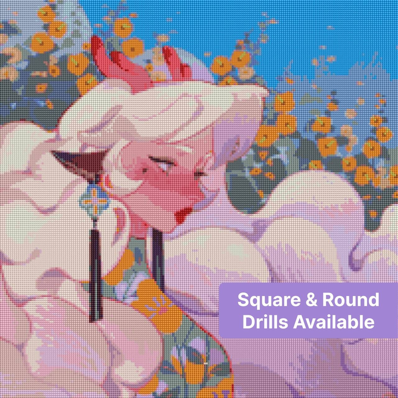 Anime-style elf character with white hair, red horns, and floral background