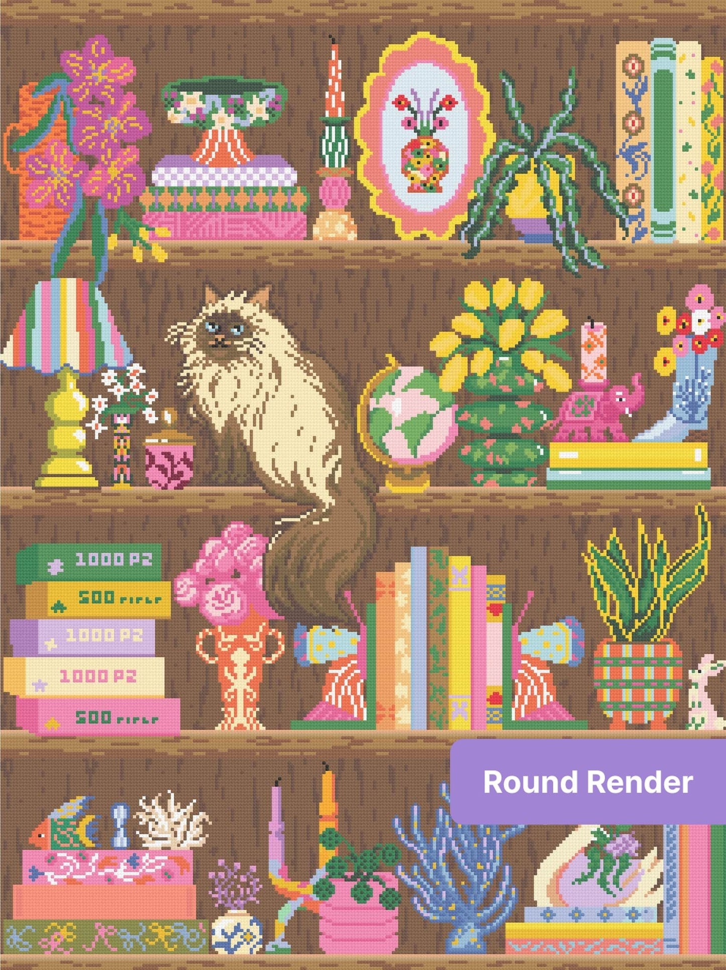 Whimsical bookshelf scene with fluffy cat, colorful books, flowers, and decorative vases