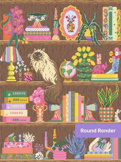 Whimsical bookshelf scene with fluffy cat, colorful books, flowers, and decorative vases
