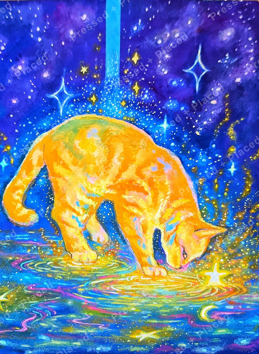 Glowing orange cat in a neon galaxy scene with stars and swirling water