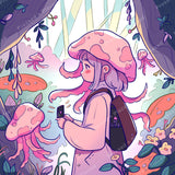 Anime-style mushroom girl in a pastel fantasy forest with flowers and oversized mushrooms