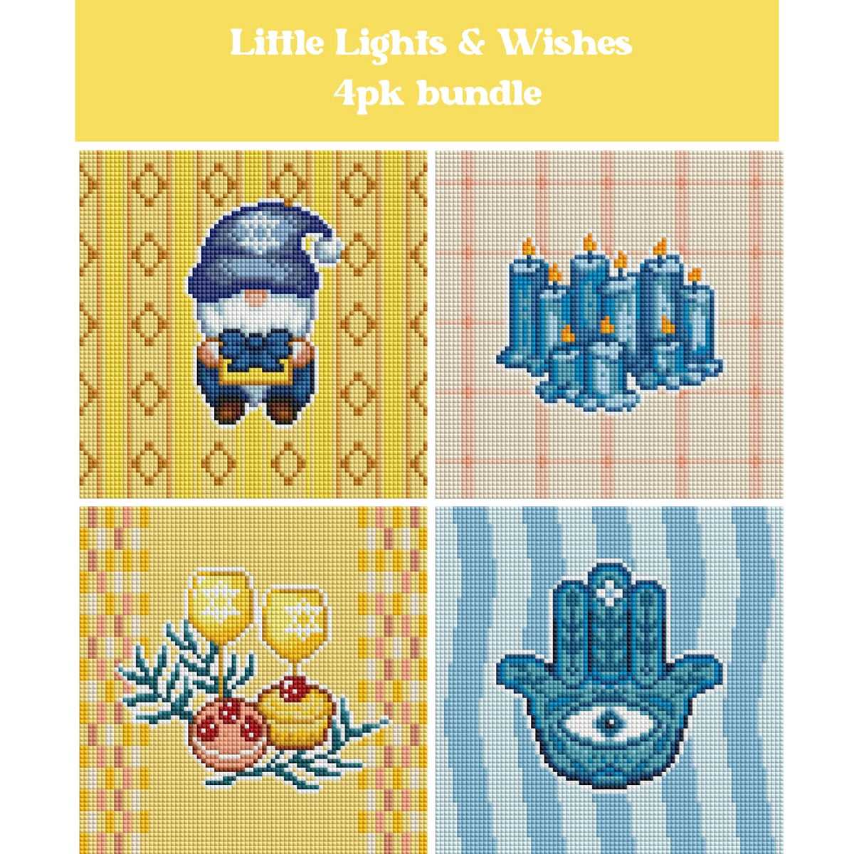 Four whimsical diamond painting designs with candles, treats, a blue hand, and a small character in a hat