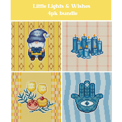 Four whimsical diamond painting designs with candles, treats, a blue hand, and a small character in a hat