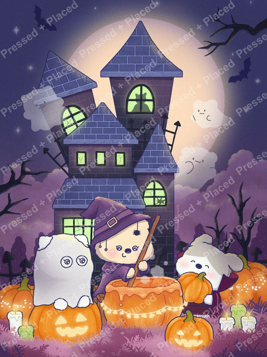Cute Halloween witch and ghosts in front of a spooky castle with pumpkins and moonlight