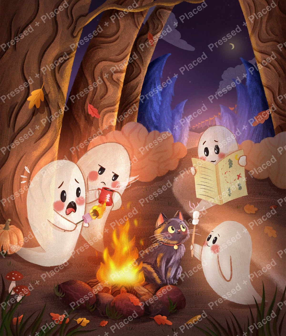 Cute ghost characters around a campfire in a whimsical Halloween forest scene