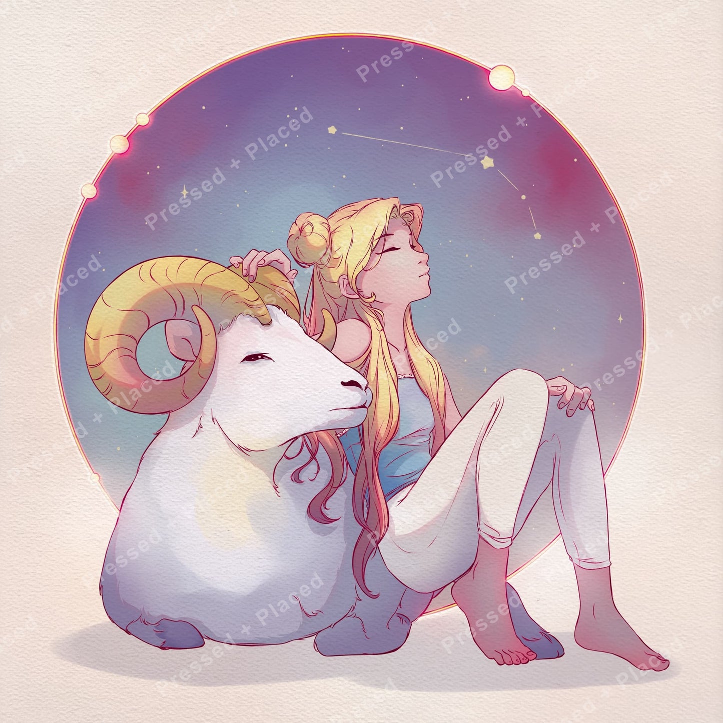 Anime-style girl with white ram in a celestial zodiac scene, soft pastel fantasy art