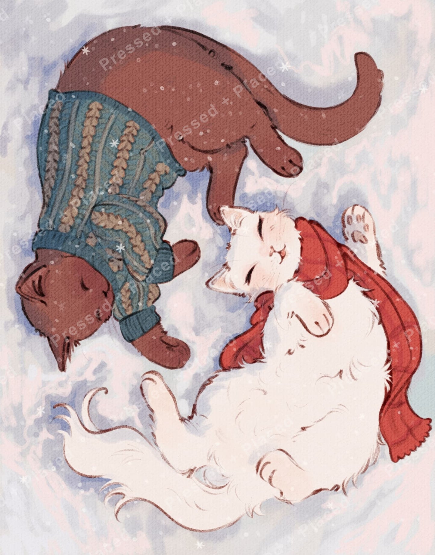 Cartoon cat and dog cuddling in winter clothes with soft snowy pastel background