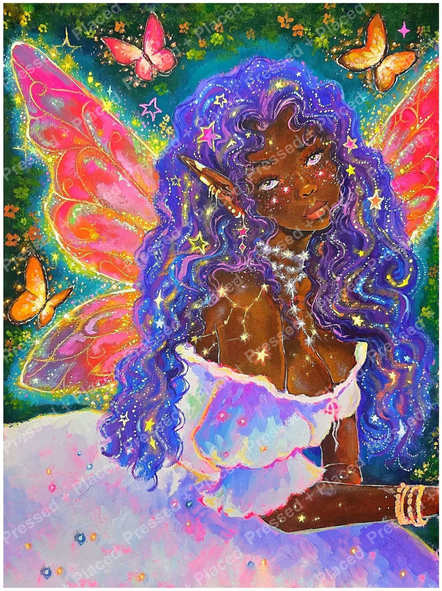 Fantasy fairy girl with purple hair, butterfly wings, and sparkling stars