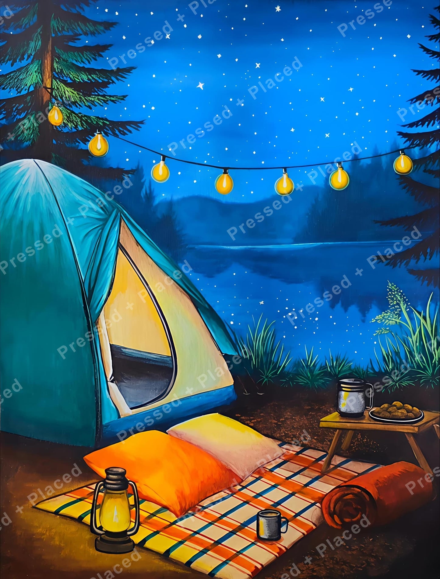 Cozy camping scene with glowing tent, lanterns, string lights, and starry night sky