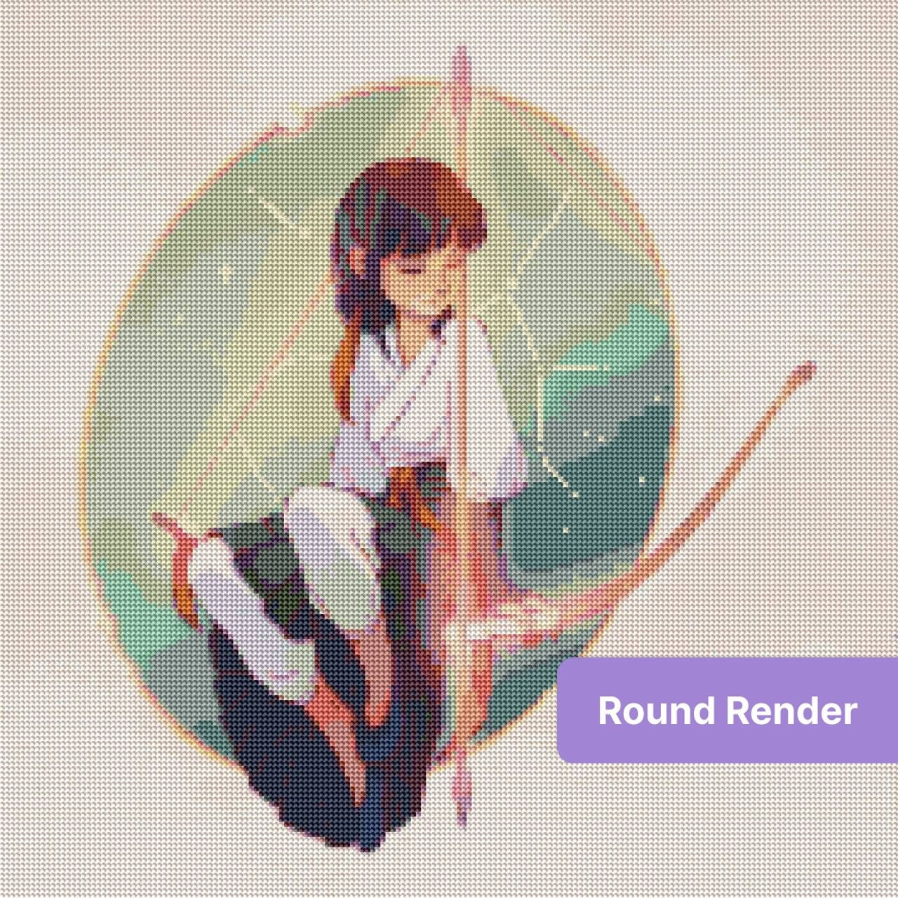 Anime-style archer girl seated in a glowing pastel circle with bow and soft fantasy tones