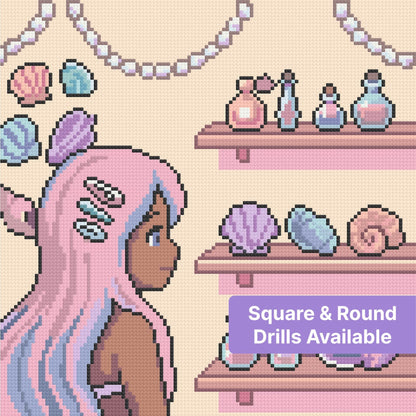 Pastel mermaid girl with seashells and bottles in a whimsical fantasy style