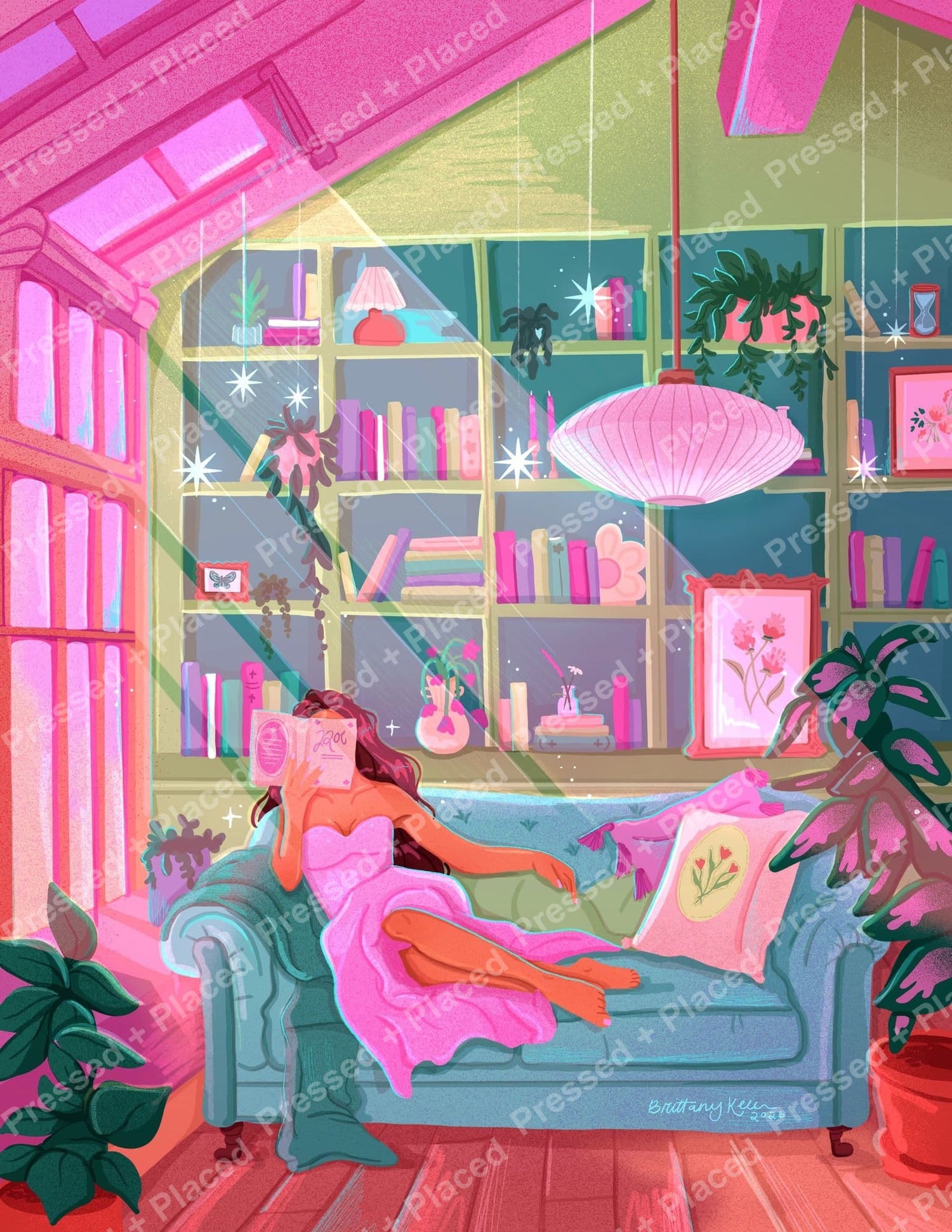 Pastel reading room scene with a woman on a sofa, bookshelves, plants, and a pink pendant lamp