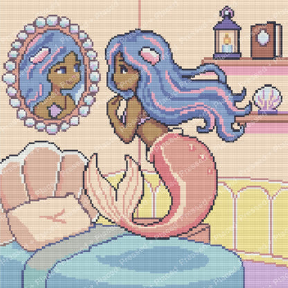 Mermaid princess with flowing blue hair in a pastel fantasy room, diamond painting style