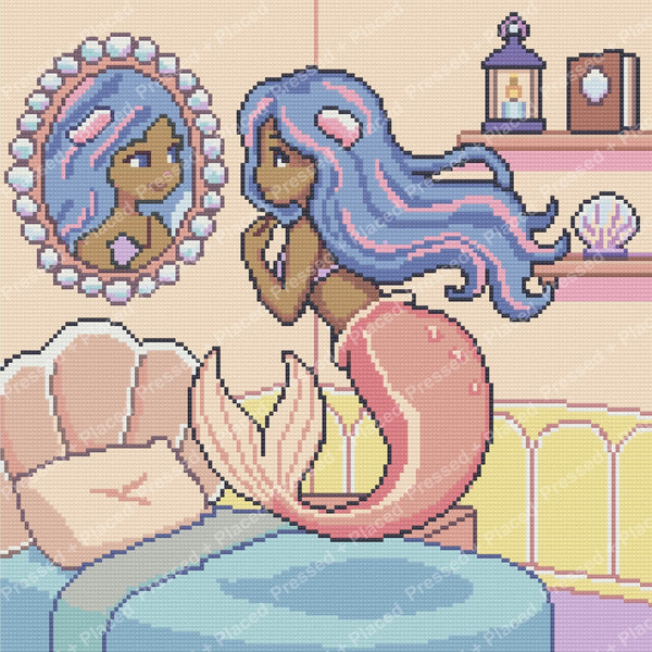 Mermaid princess with flowing blue hair in a pastel fantasy room, diamond painting style