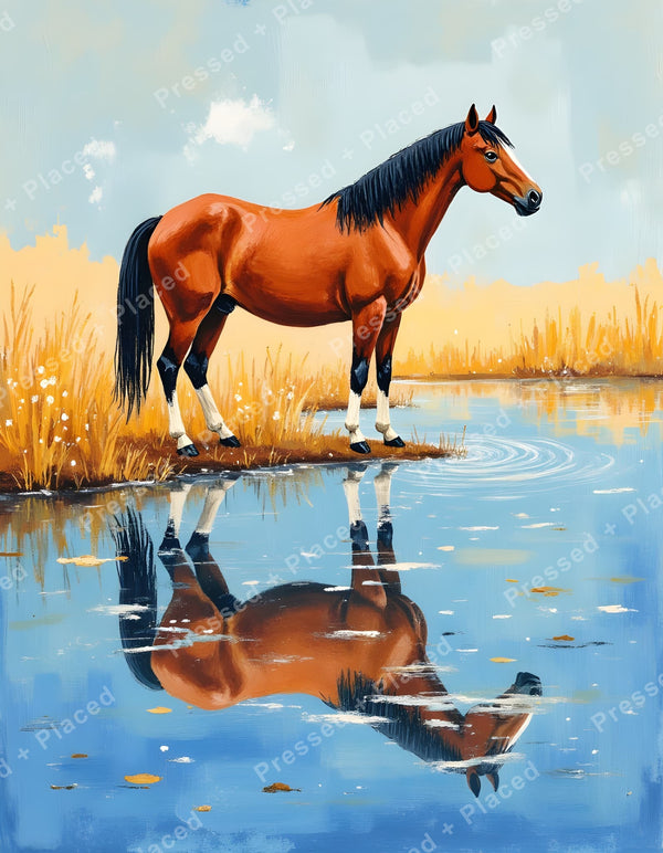 Chestnut horse standing by a pond with golden grass and mirrored reflection
