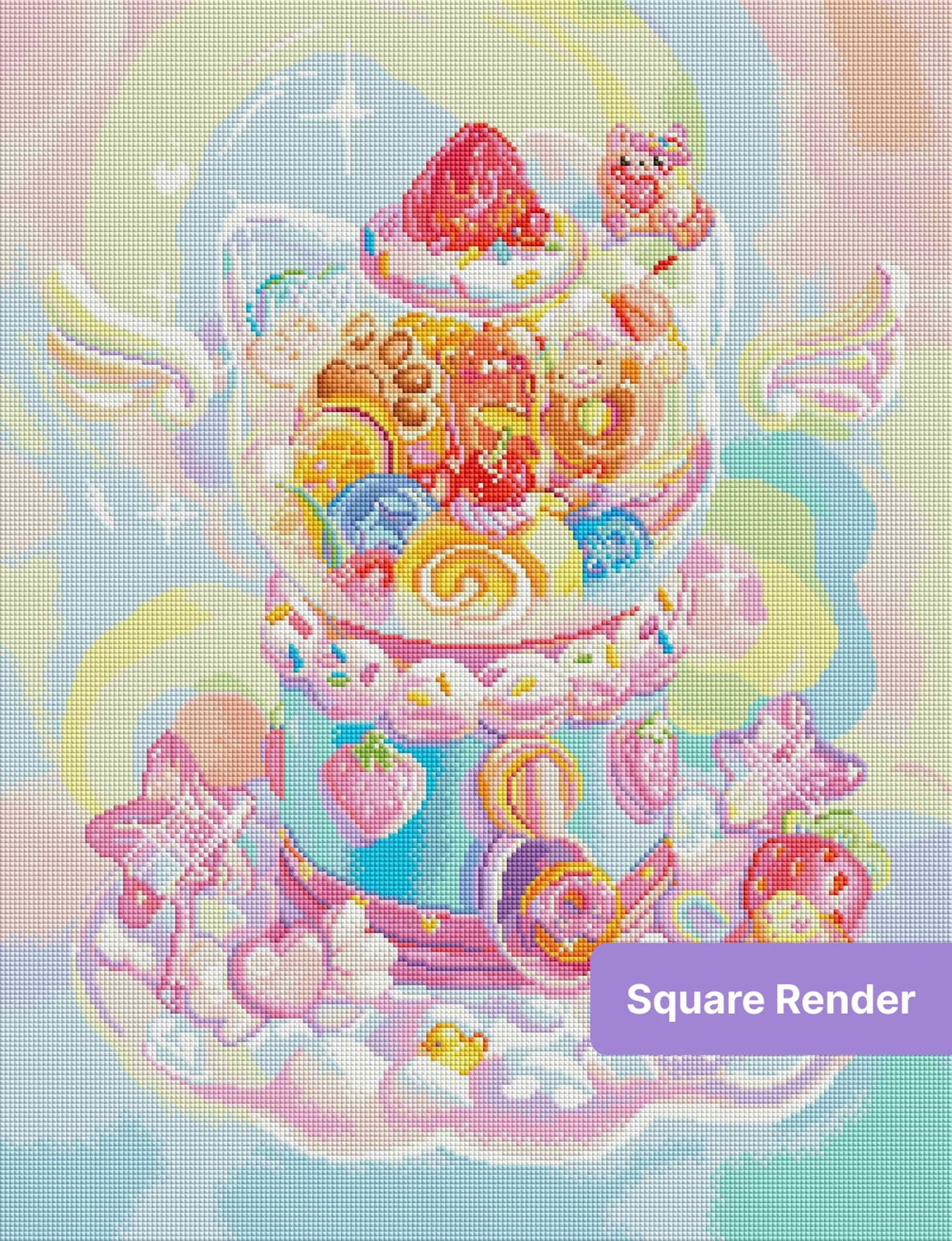 Pastel kawaii candy dessert scene with rainbow accents and cute cartoon details