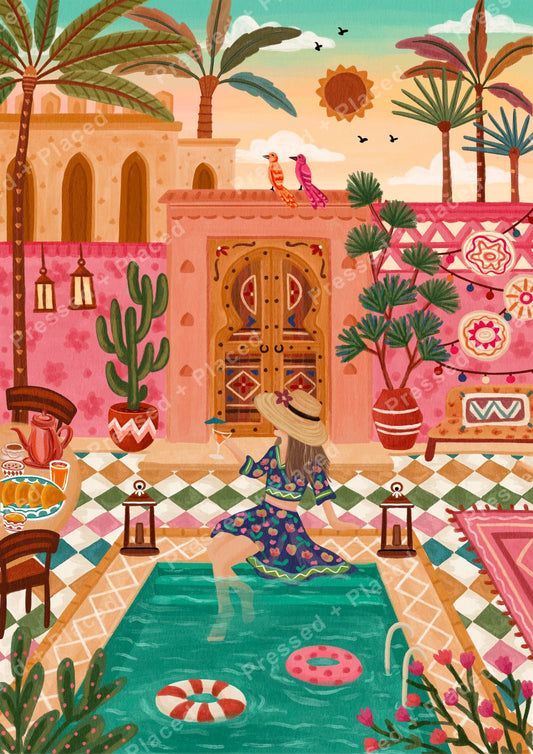 Moroccan courtyard pool scene with palm trees, bright tiles, and warm bohemian decor
